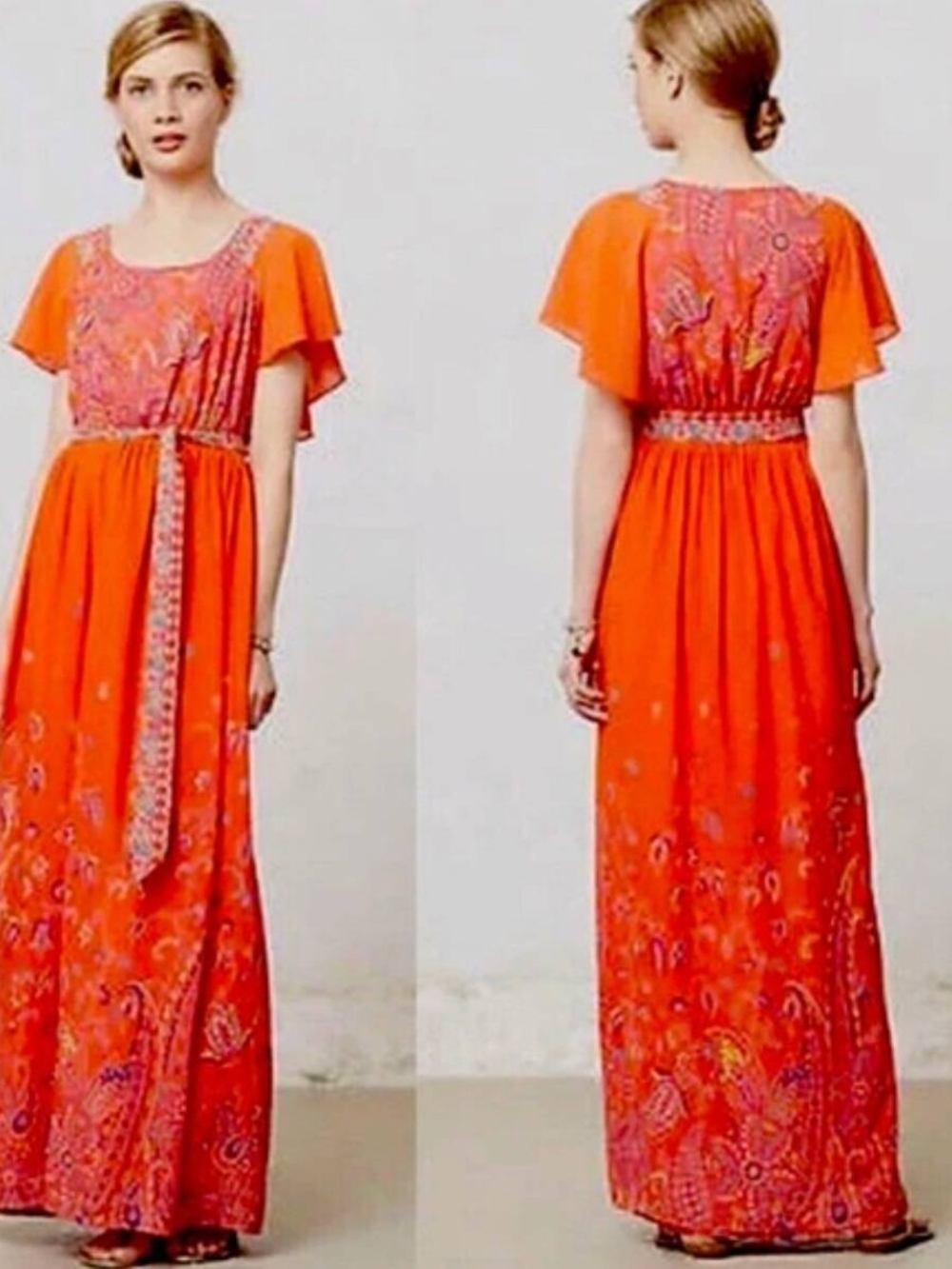 Maeve Anthropologie Blushed Paisley Orange Floral Maxi Dress Size 6 Bohemian